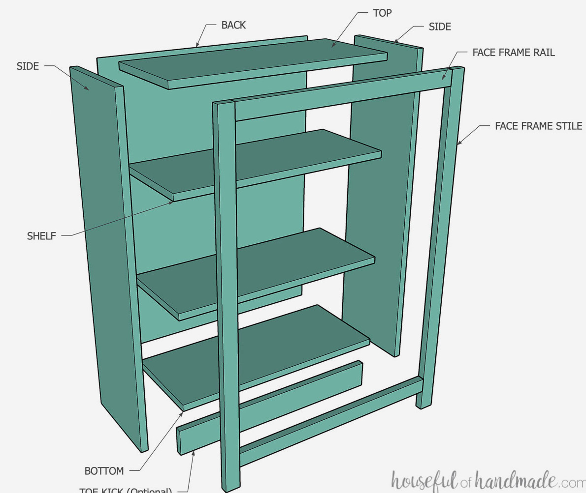 3D sketch showing the individual parts of a DIY bookcase exploded and labeled. 