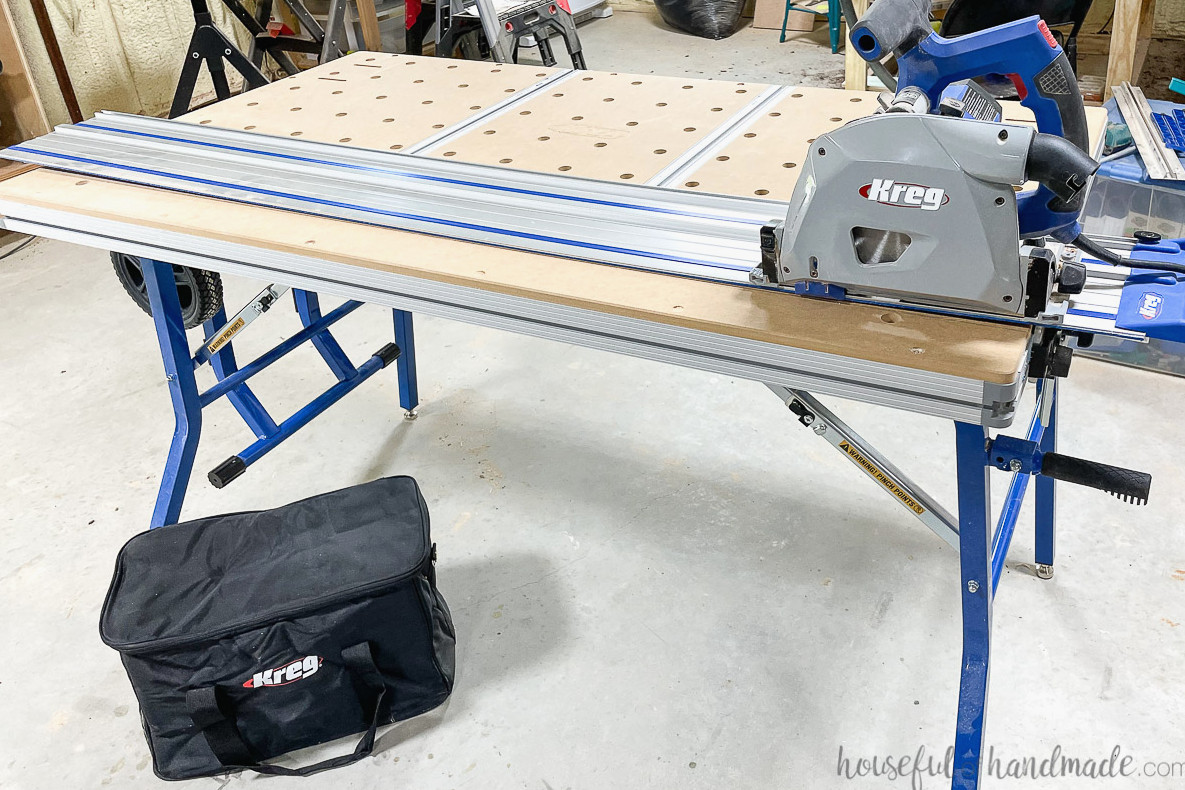 Kreg ACS master kit in my workshop, with the plunge saw resting on the track across the table.