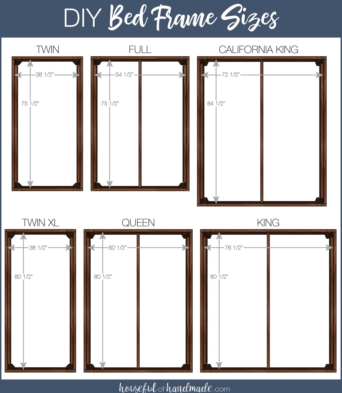 Top down view of twin, twin XL, full, queen, king and California king bed frames with measurements noted. 