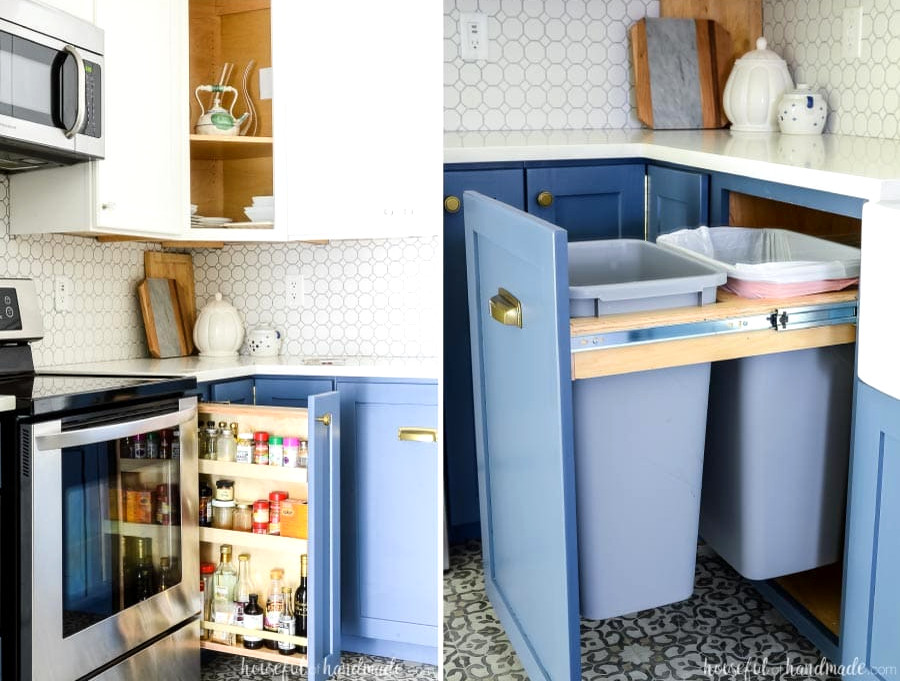 Close-up of two specialty drawer base cabinets in a kitchen. Pull out trash cabinet next to the sink and pull out spice drawer next to the stove.