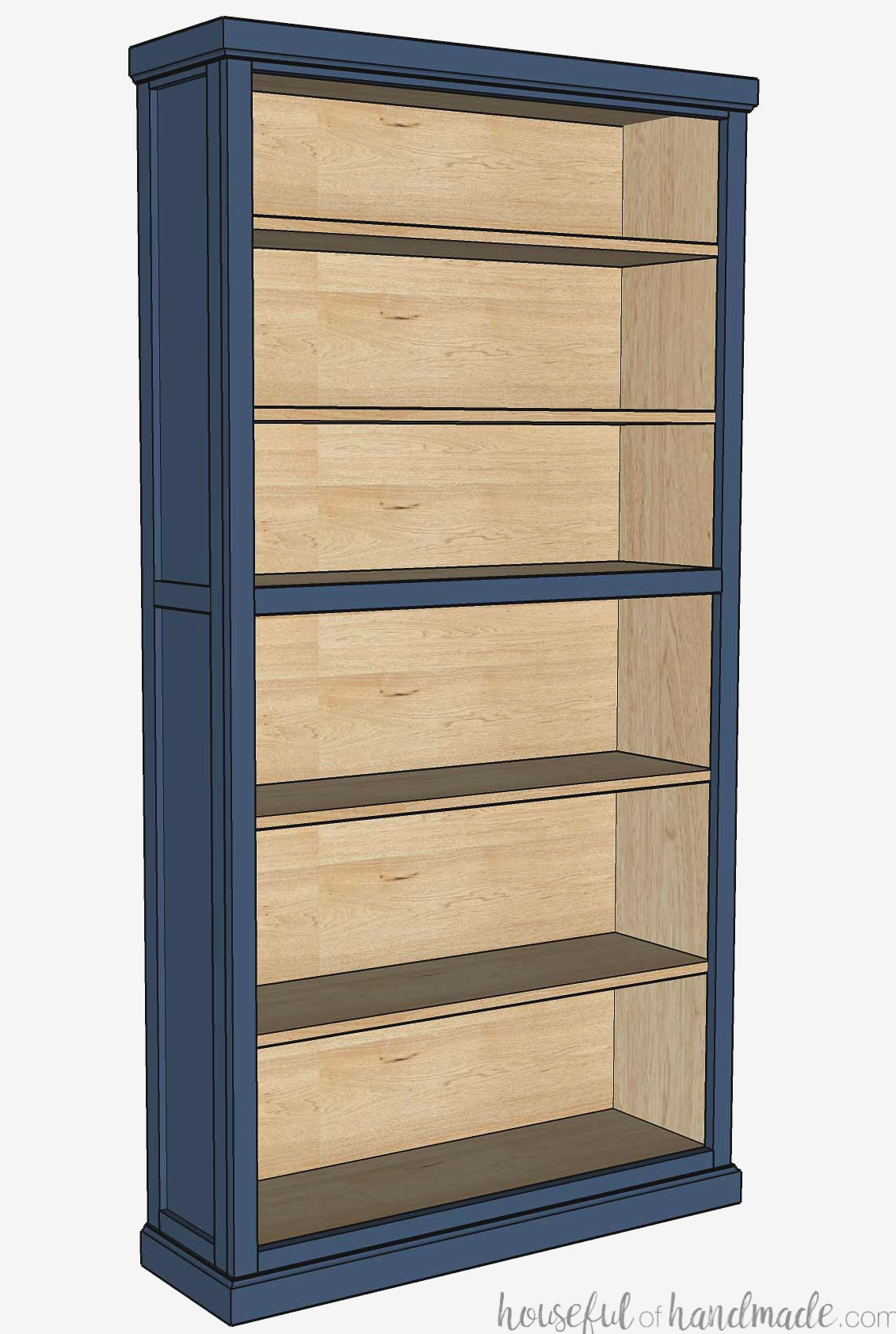 Woodworking sketch of tall bookcase trimmed out on the top, bottom and sides to add character. 