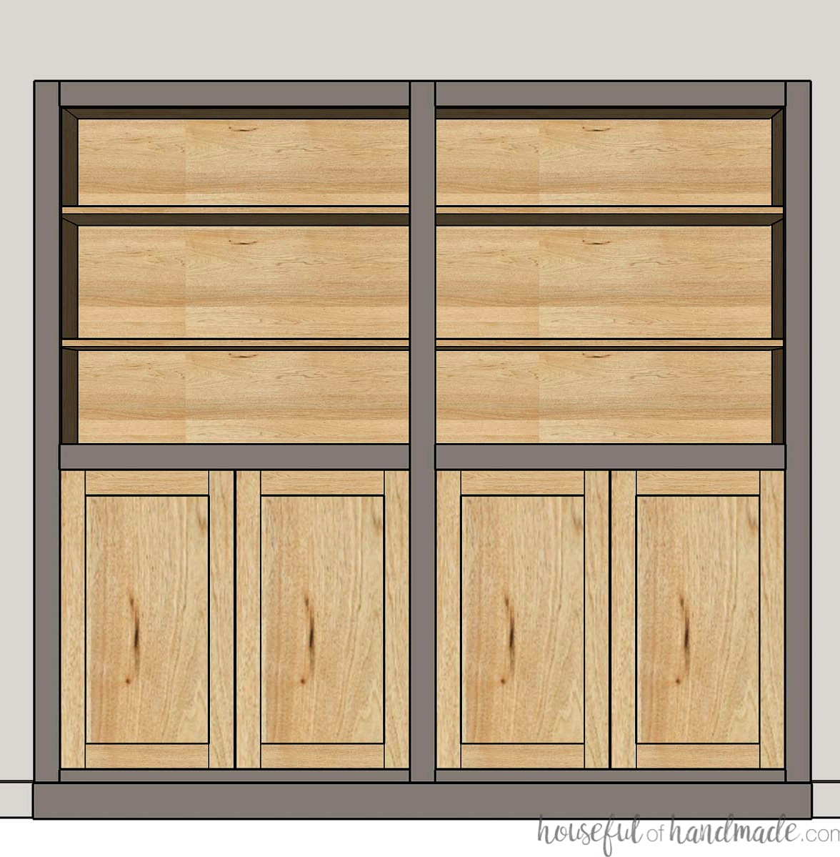Bookshelves built into nook in wall with beige paint and natural wood together.