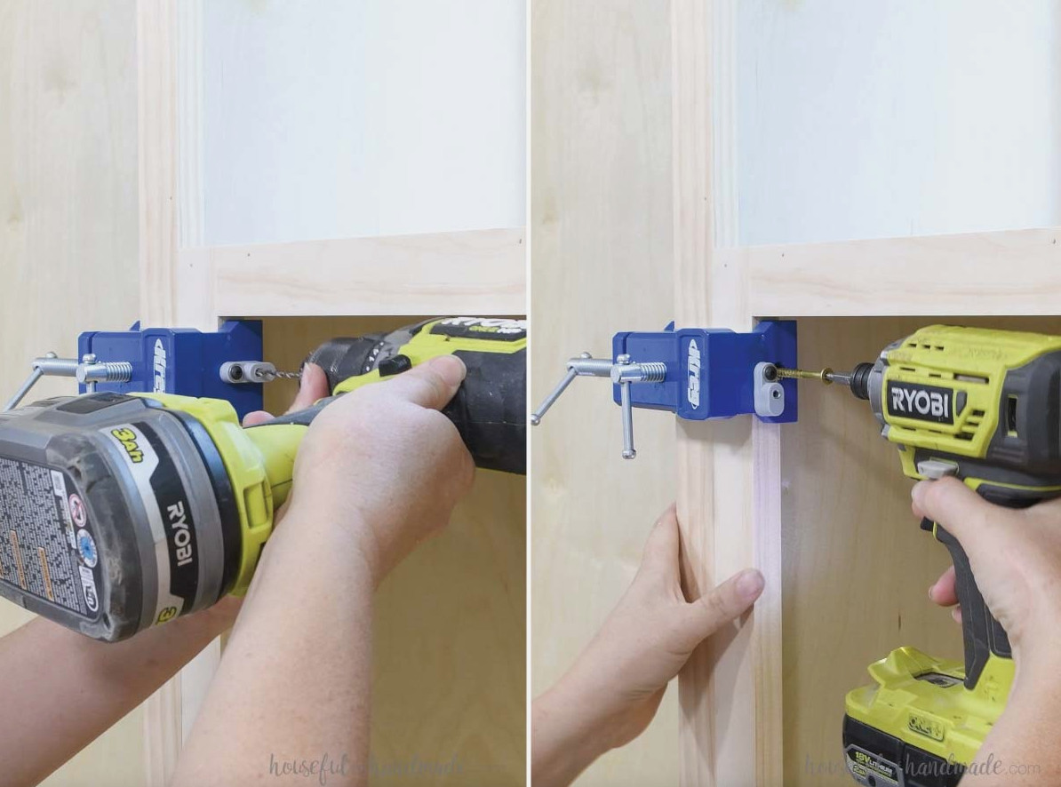 Using screws to join the cabinets through the face frames. 