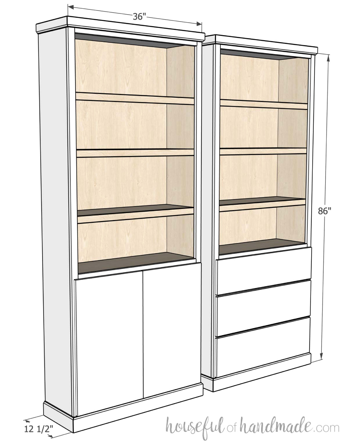 3D Sketch of the bookcases with dimensions noted. 