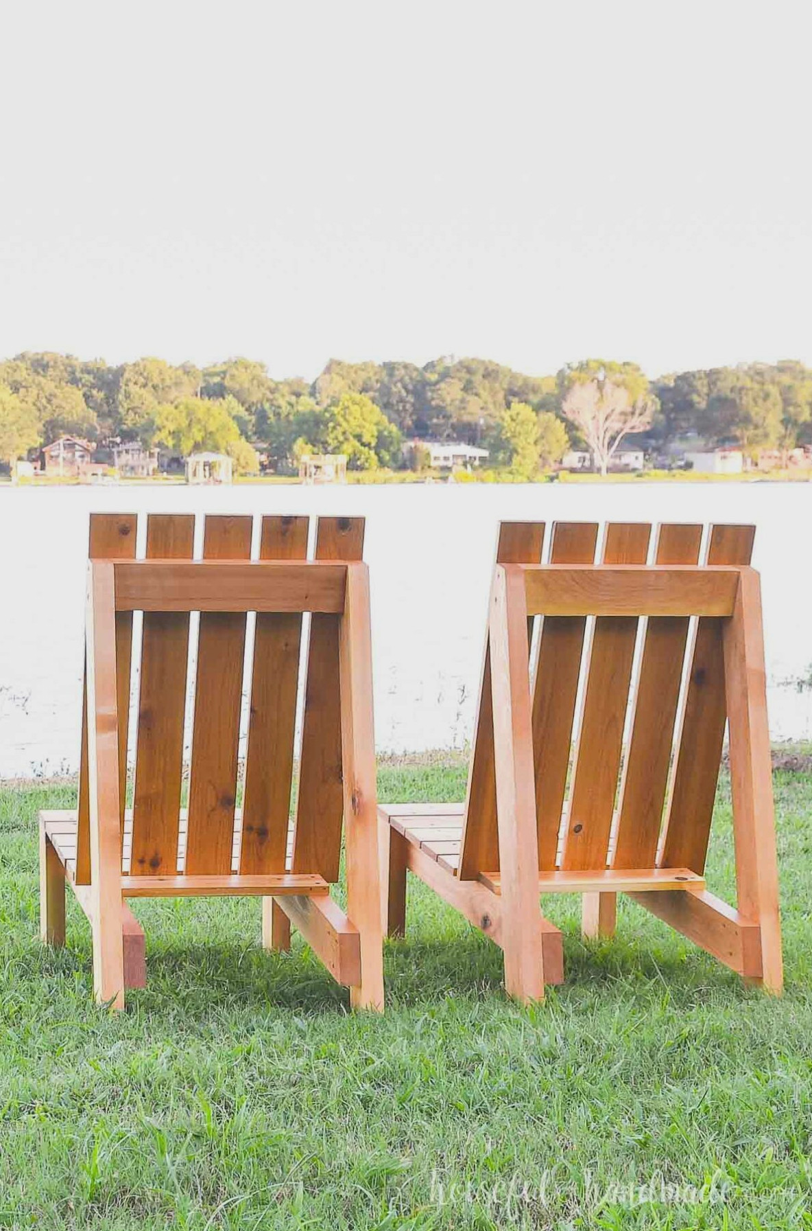 Rear view of contemporary outdoor chairs built from cedar 2x4 and 1x4 boards.