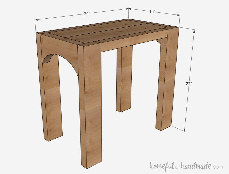 Three-dimensional drawing of the chunky side table with labeled measurements. 