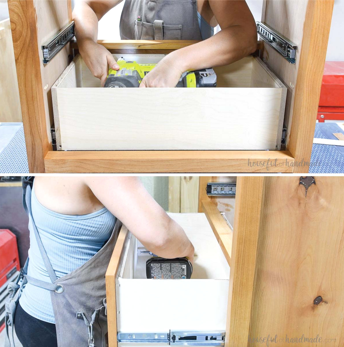 Securing the drawer front to the drawer box with nails and screws.