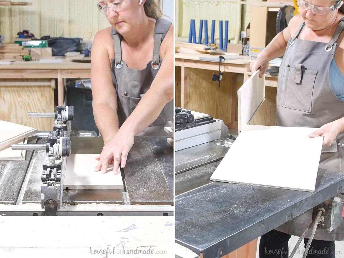 Creating a groove in the plywood with a table saw and checking the 1/4" plywood fit inside it.
