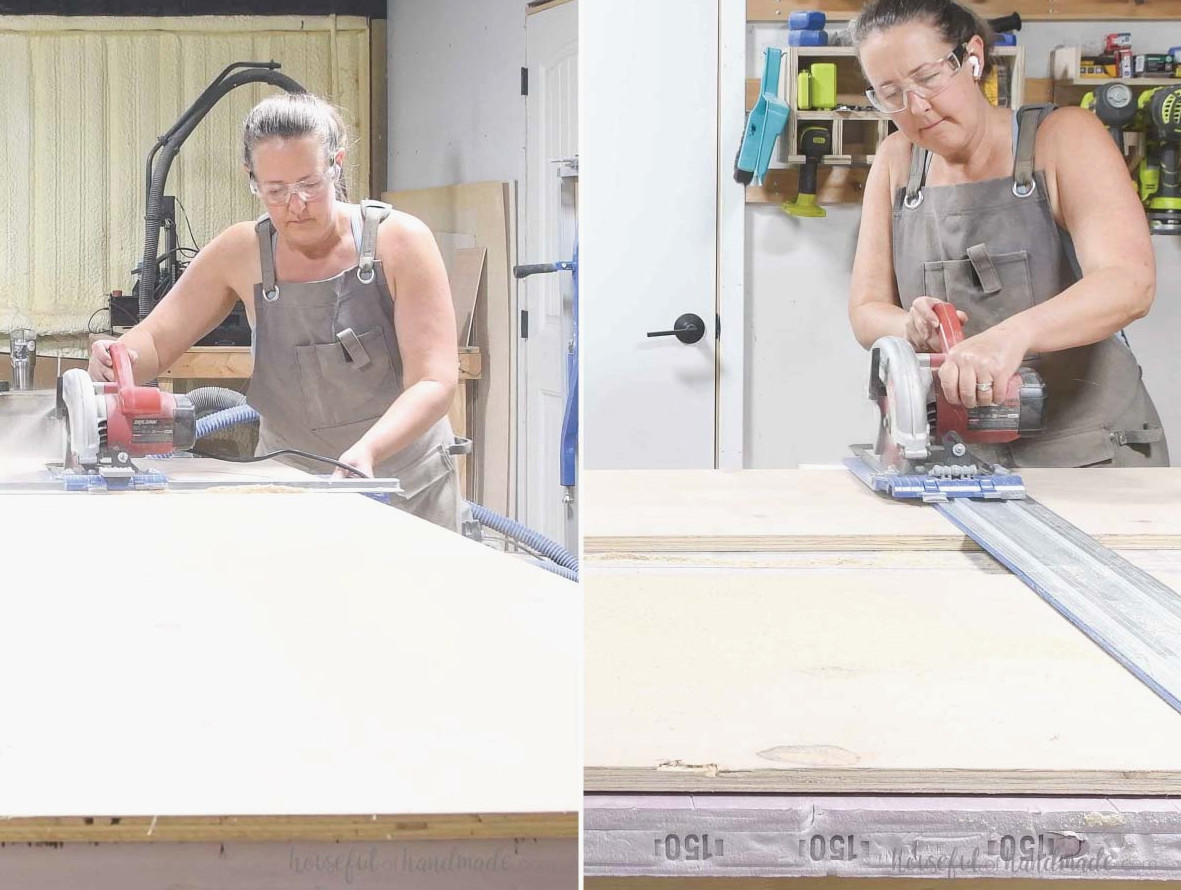 Cutting down 3/4" plywood with a circular saw on a piece of rigid foam.