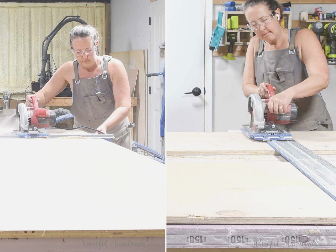 Cutting down 3/4" plywood with a circular saw on a piece of rigid foam.