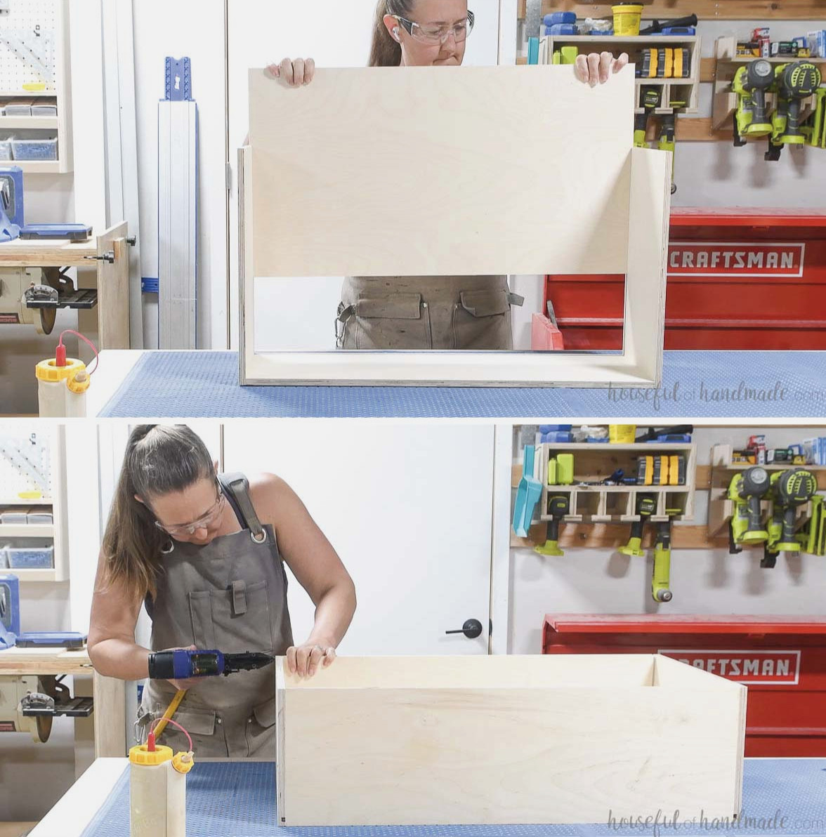 Inserting the drawer bottom and then attaching the back piece to enclose it.