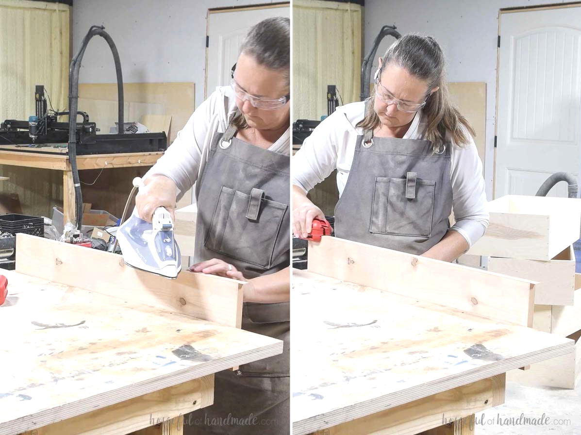 Applying iron-on edge banding to the drawer front parts.