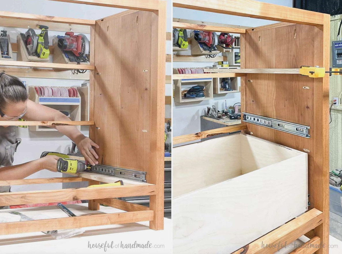 Fitting drawer slides inside the dresser.