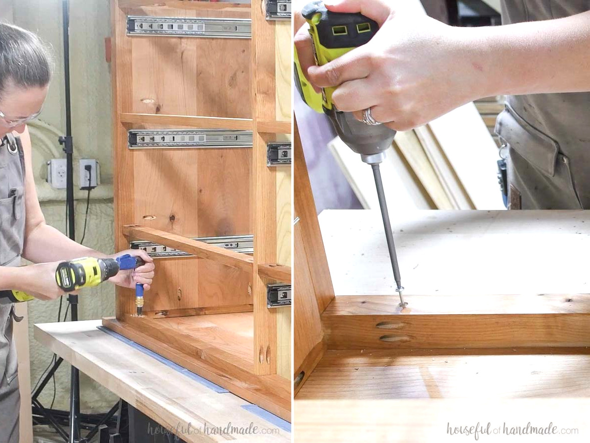 Fastening the dresser top to the frame with countersunk screws.