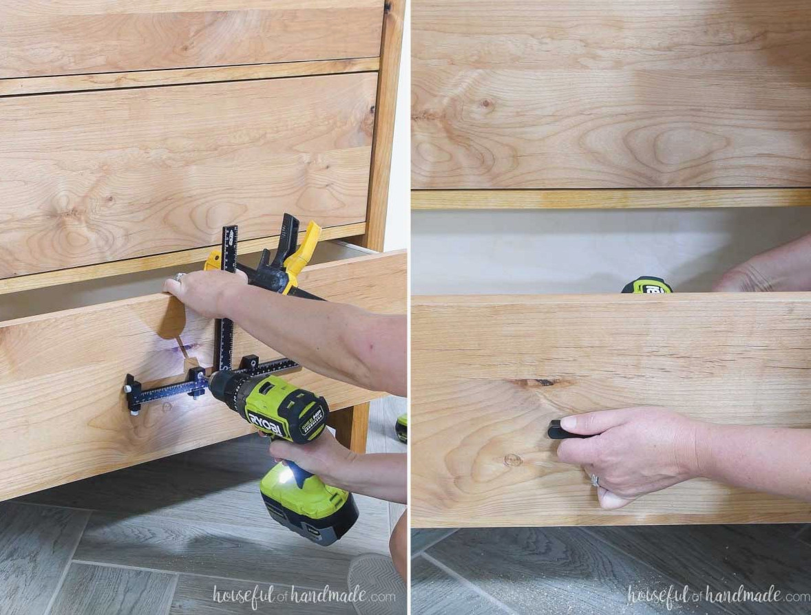 Installing black pulls on the fronts of the dresser drawers.