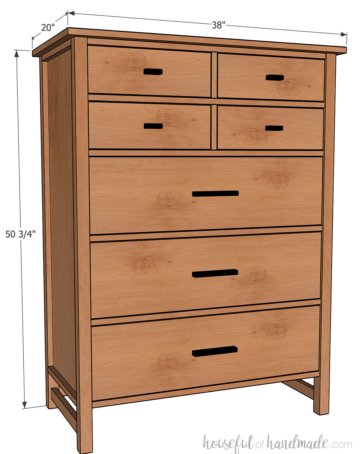3D Sketch of tall 7 drawer dresser with dimensions noted. 