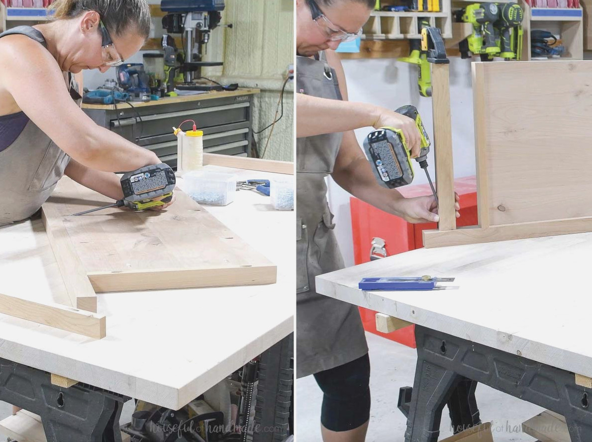 Attaching 2x2 legs to the side panels with pocket holes. 