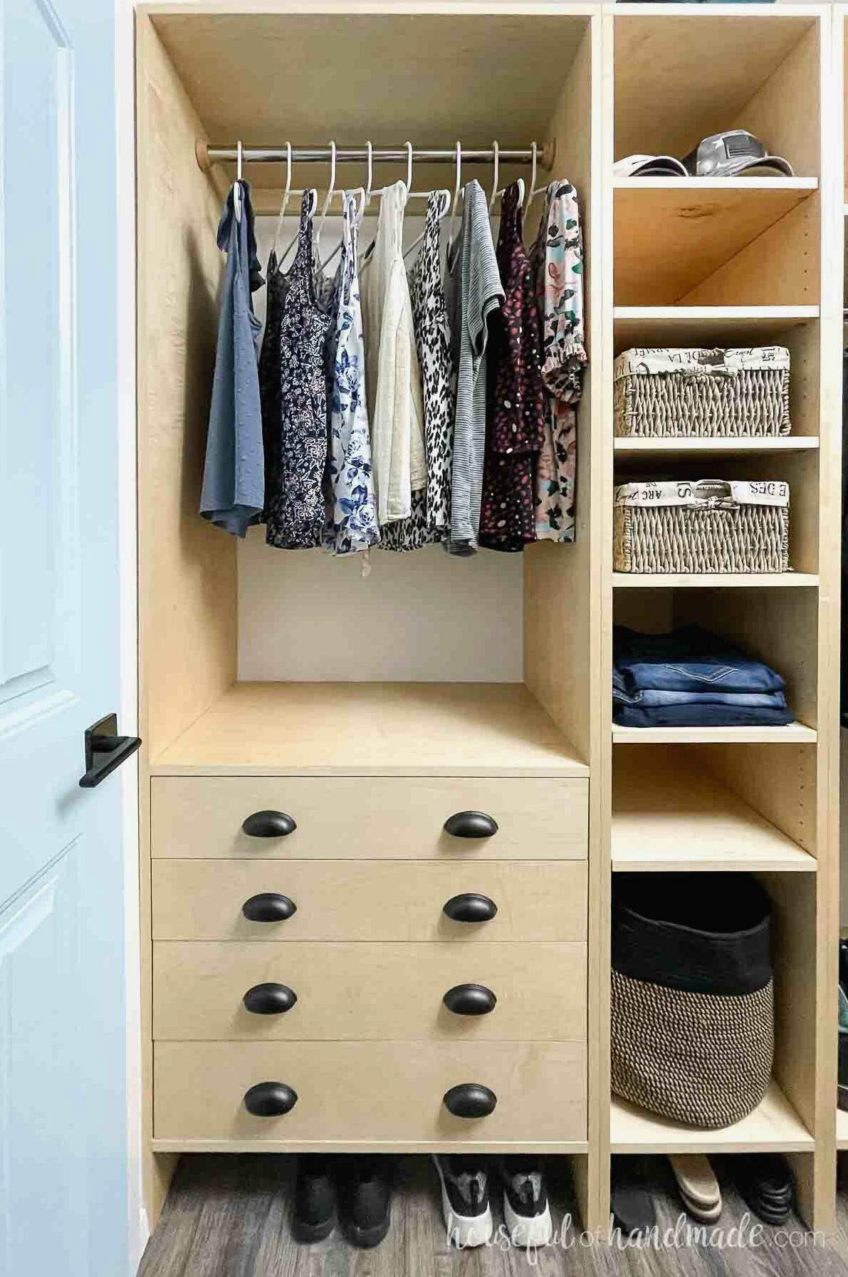 Two sections of the closet organizer cabinets, one with 4 large drawer and a closet rod and the other with lots of shelves.
