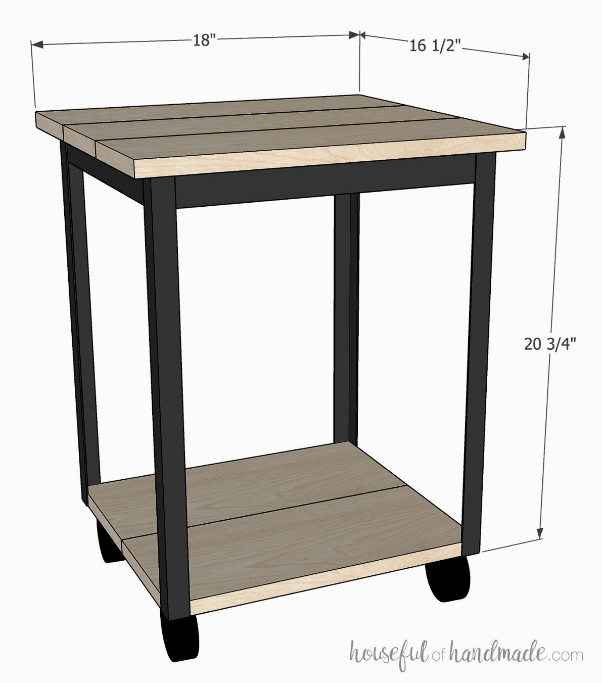 3D drawing of the small side table with dimensions noted. 