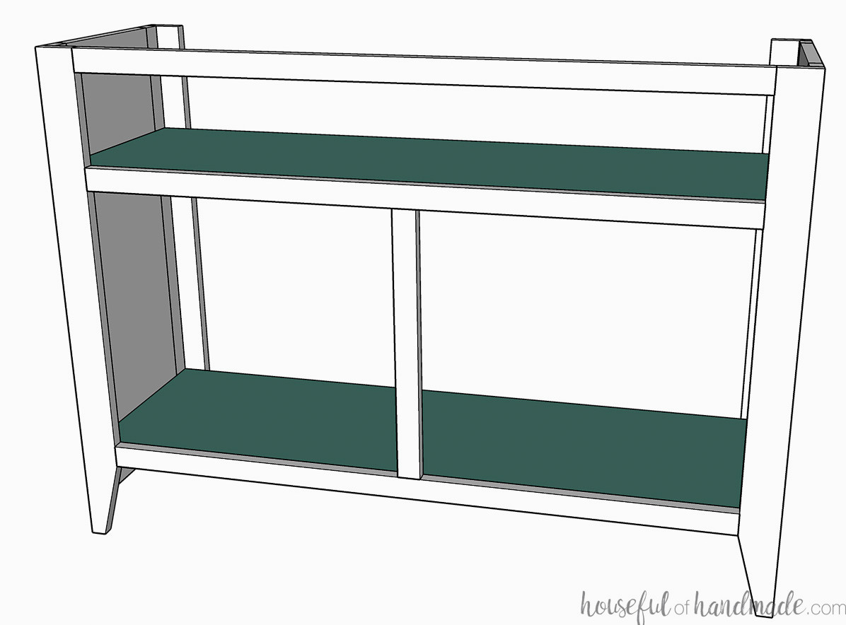 Installing the bottom sections on the sideboard and serving-dish shelf. 