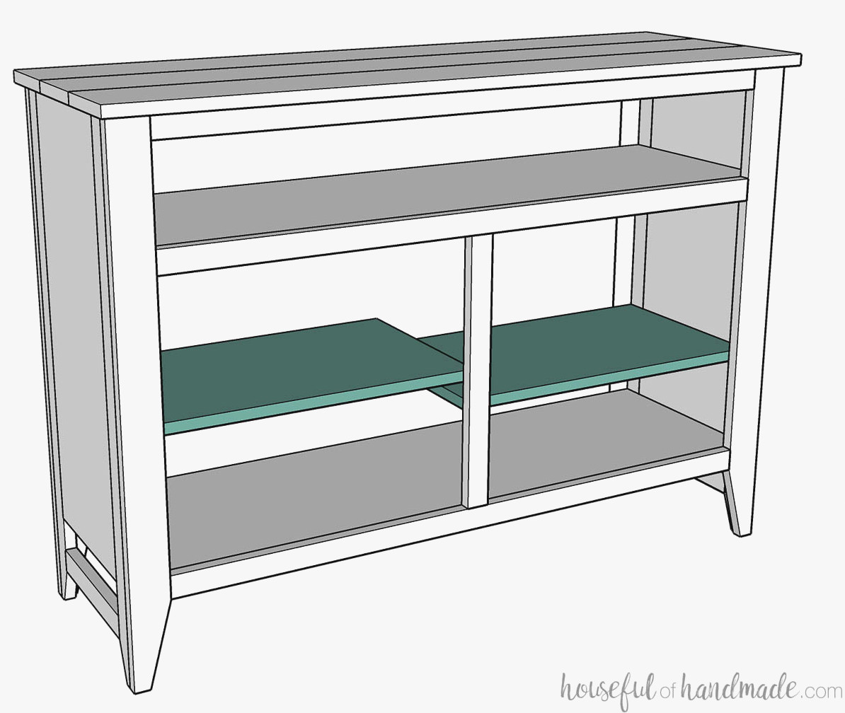 Two staggered shelves installed inside the hutch.