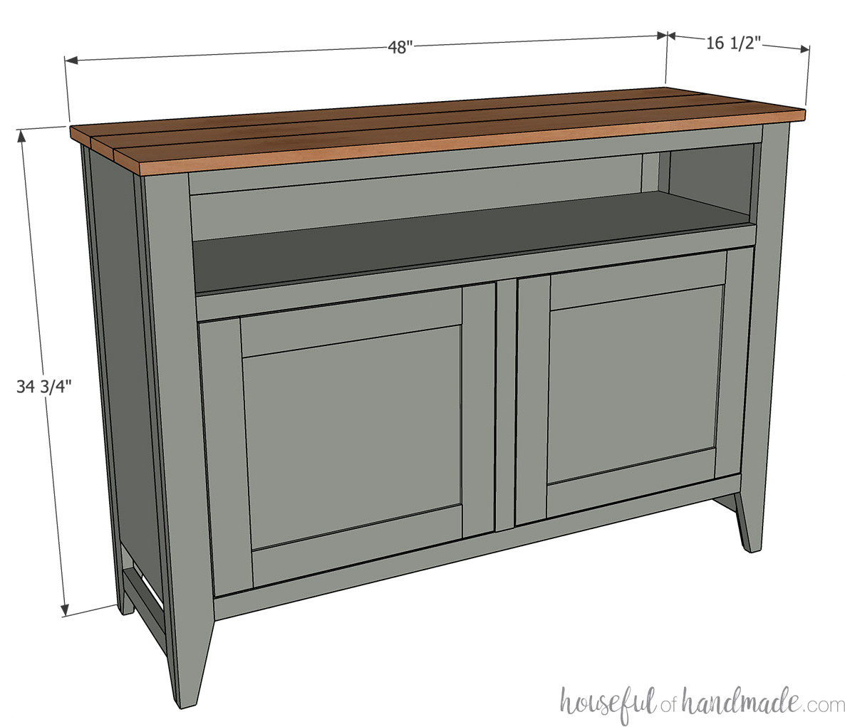 3D sketch of the DIY sideboard with overall dimensions noted on it. 