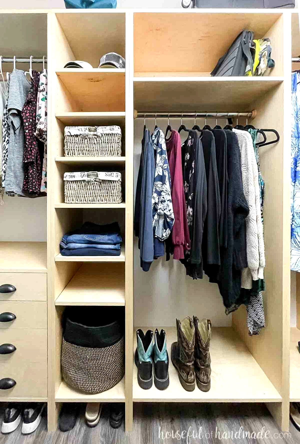 Two sections of the custom closet, one with a closet rod and boots stored below it and the other with lots of shelves.