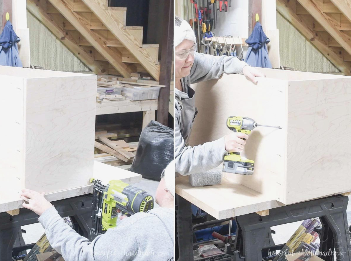 Securing the top first with nails and then with wood pocket holes.
