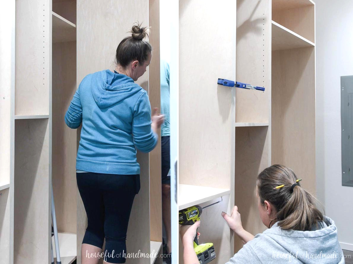 Positioning the closet compartments in the narrow closet and fastening them together.