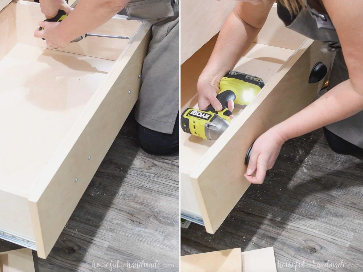 Mounting drawer fronts onto the drawer boxes.