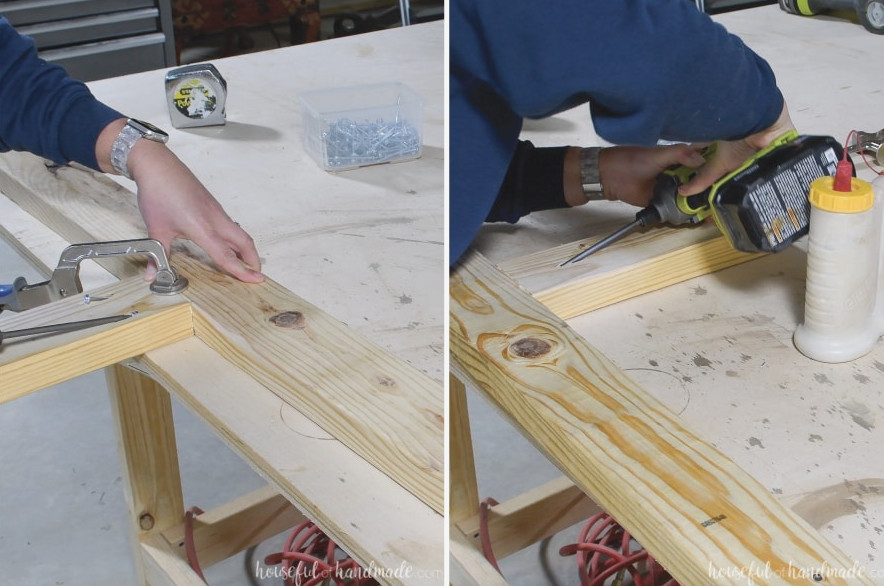 Fastening the center leg to the center support with pocket-hole screws.