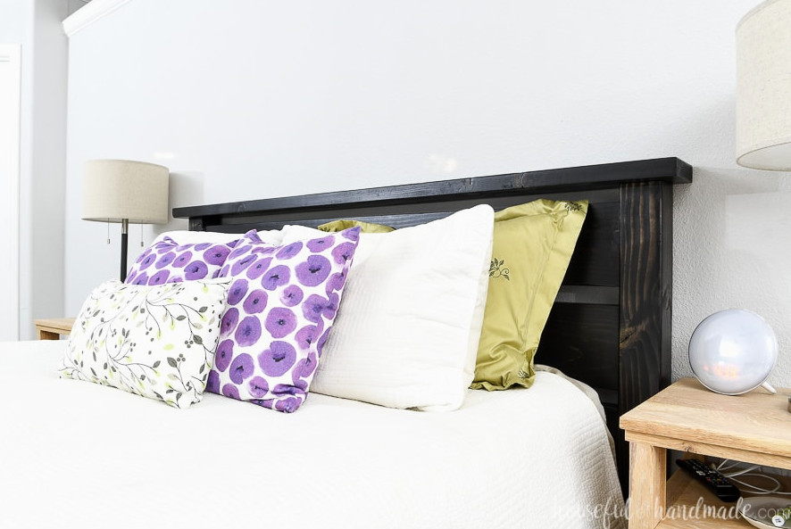 Detailed view of the easy-to-construct headboard featured in the DIY queen bed tutorial.