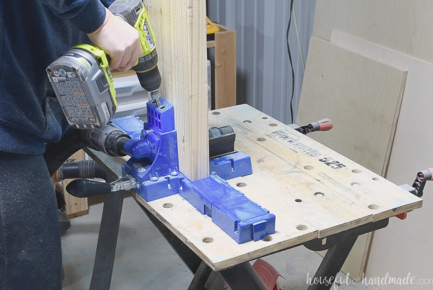 Making pocket holes at the end of the 2x8 board.