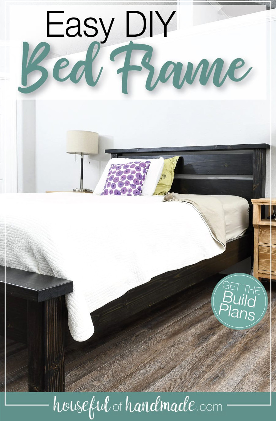 DIY bed frame stained black and assembled in a bedroom with bedding with text overlay: Easy DIY Bed Frame.