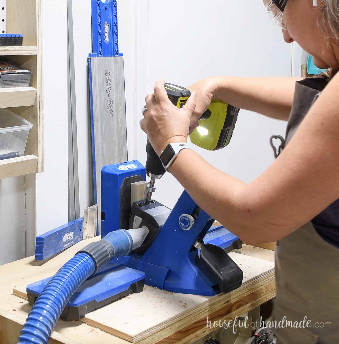 Creating pocket holes in the top and bottom components of the shelf frame.