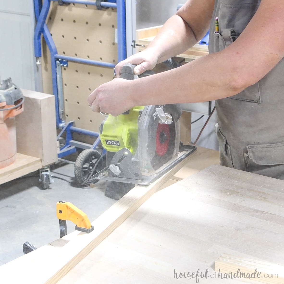 Cutting a taper on a 1x2 board with a circular saw.