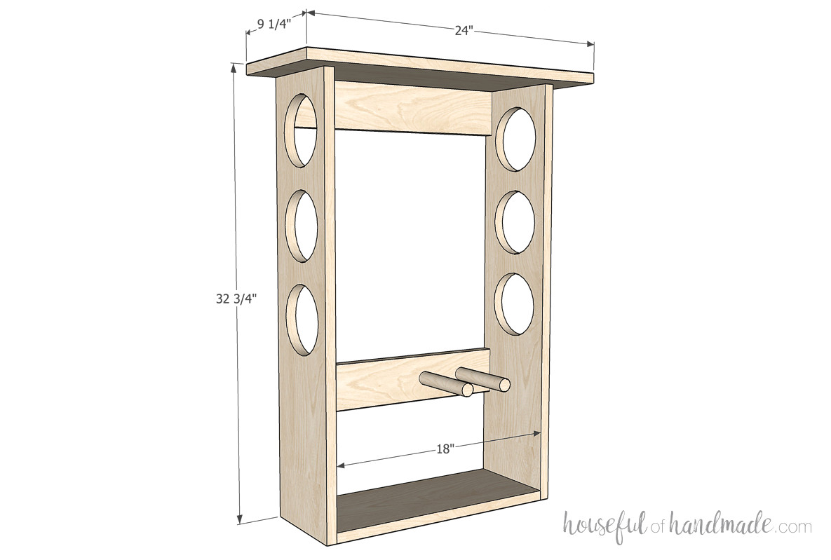 3D sketch of the yoga mat holder with dimensions noted. 