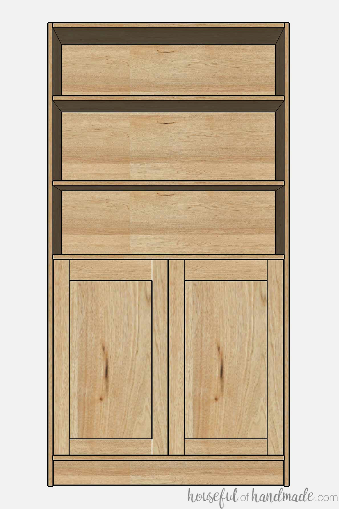 Frameless bookcase with inset doors covering the lower shelves and open shelves above. 