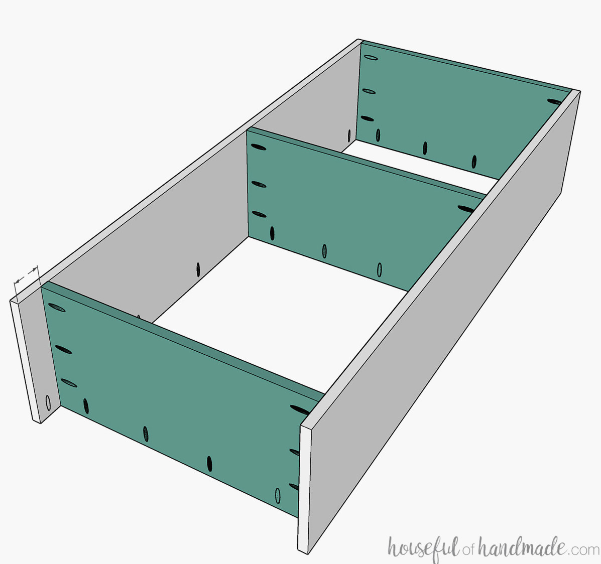 Diagram of a tall bookcase featuring a fixed shelf installed between the top and bottom sections. 