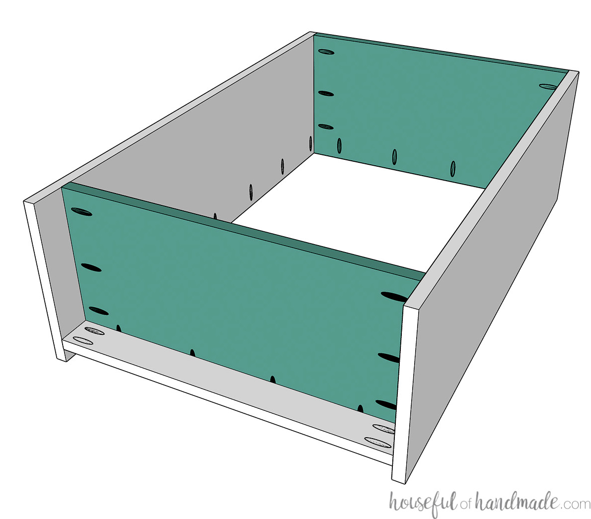 Diagram showing the toe kick installed beneath the bottom shelf of the bookcase. 