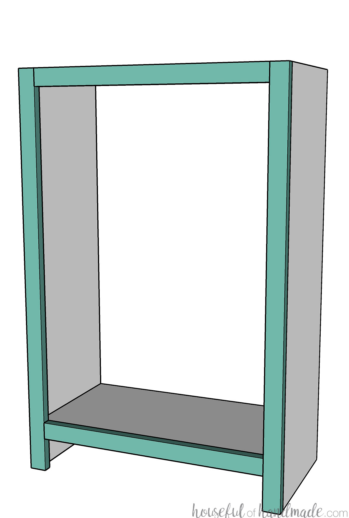 Diagram of a DIY bookshelf with its face frame installed. 