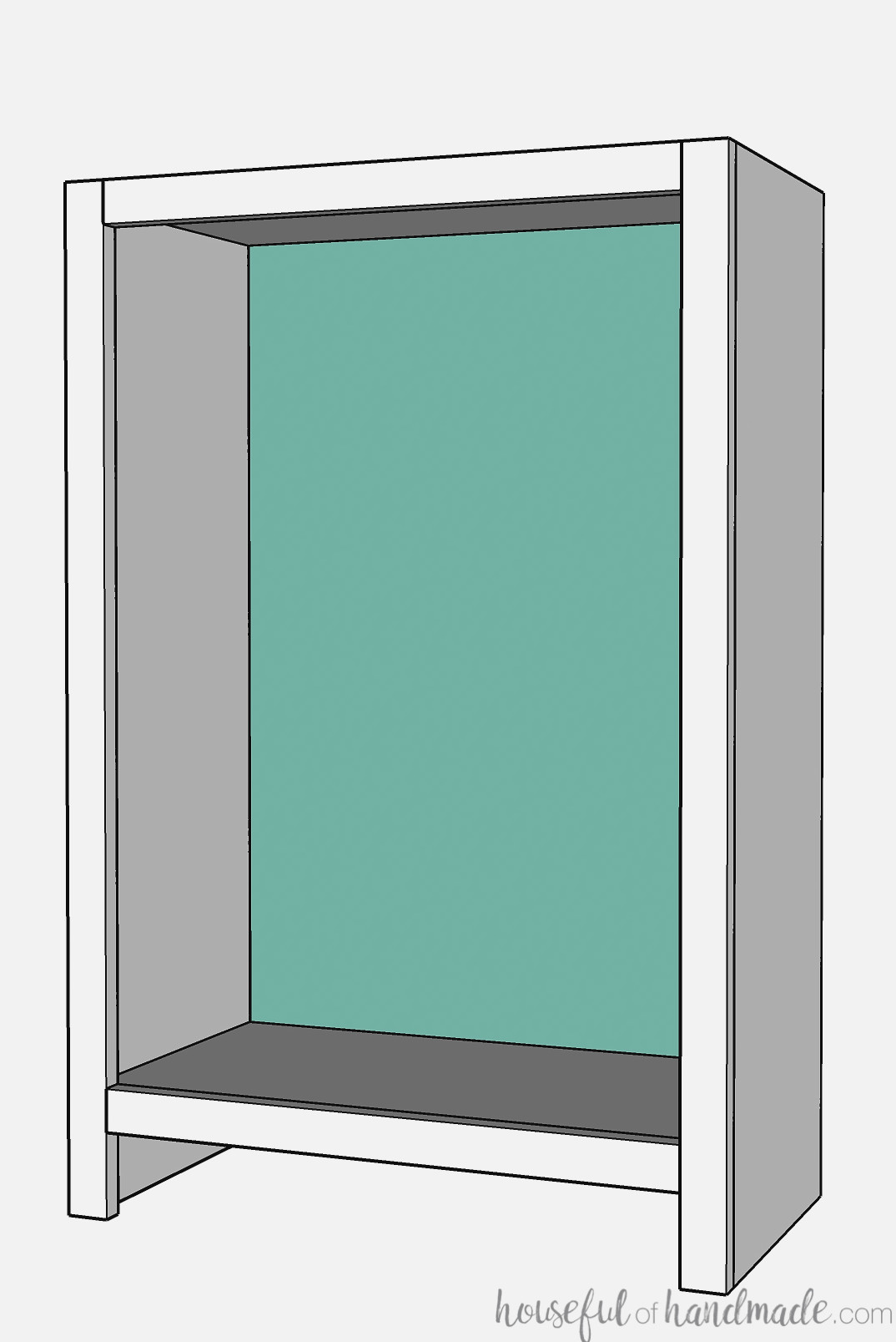 Diagram showing the back panel fastened to the completed bookcase.