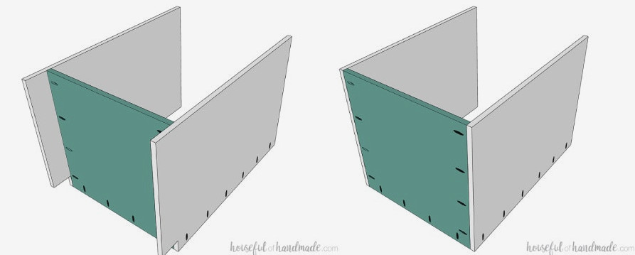 3D drawings showing attaching the bottom of the base cabinet either with or without a toe kick cut in.