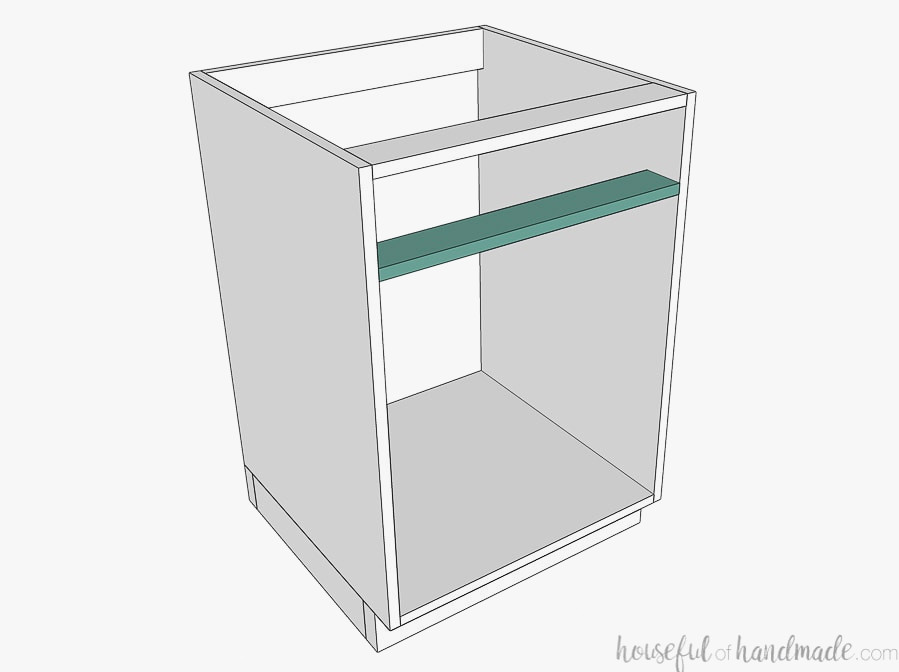 3D drawing of frameless cabinet with support for adding a top drawer.