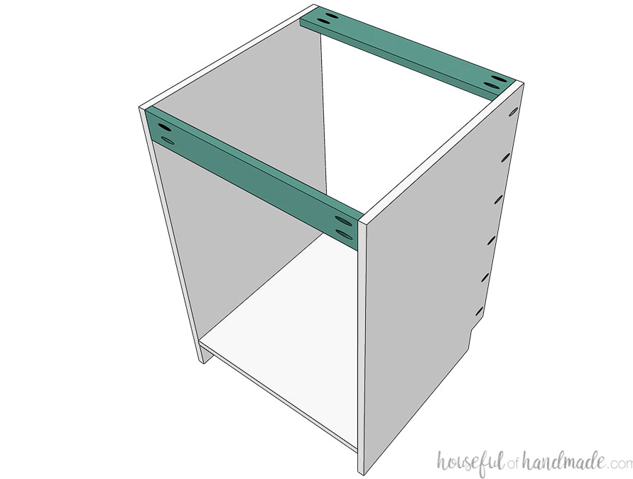 3D drawing on the base cabinet carcass with the support pieces installed.