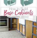 Navy cabinet component diagrams alongside installed kitchen cabinets.