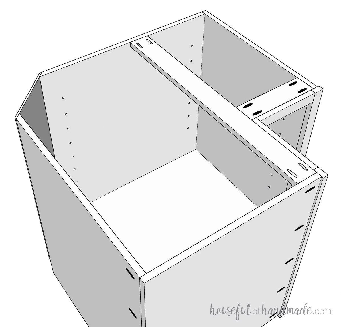 Shelf pin holes drilled into the sides and back of the corner cabinet box for adjustable shelving.
