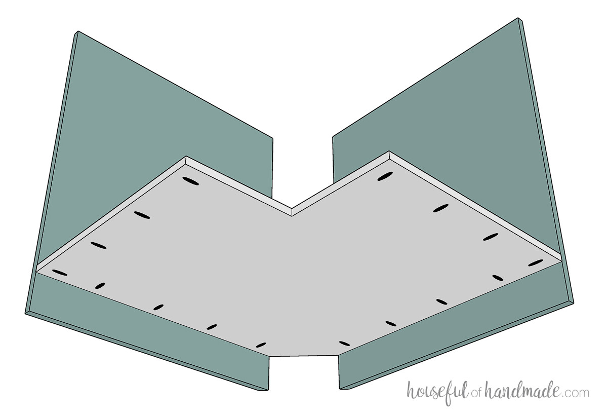 3D illustration showing the bottom and back of the corner cabinet joined together.