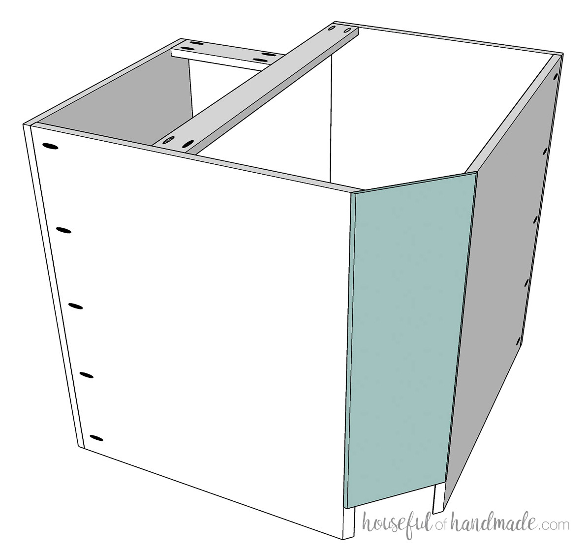Back corner piece being secured to the cabinet carcass.