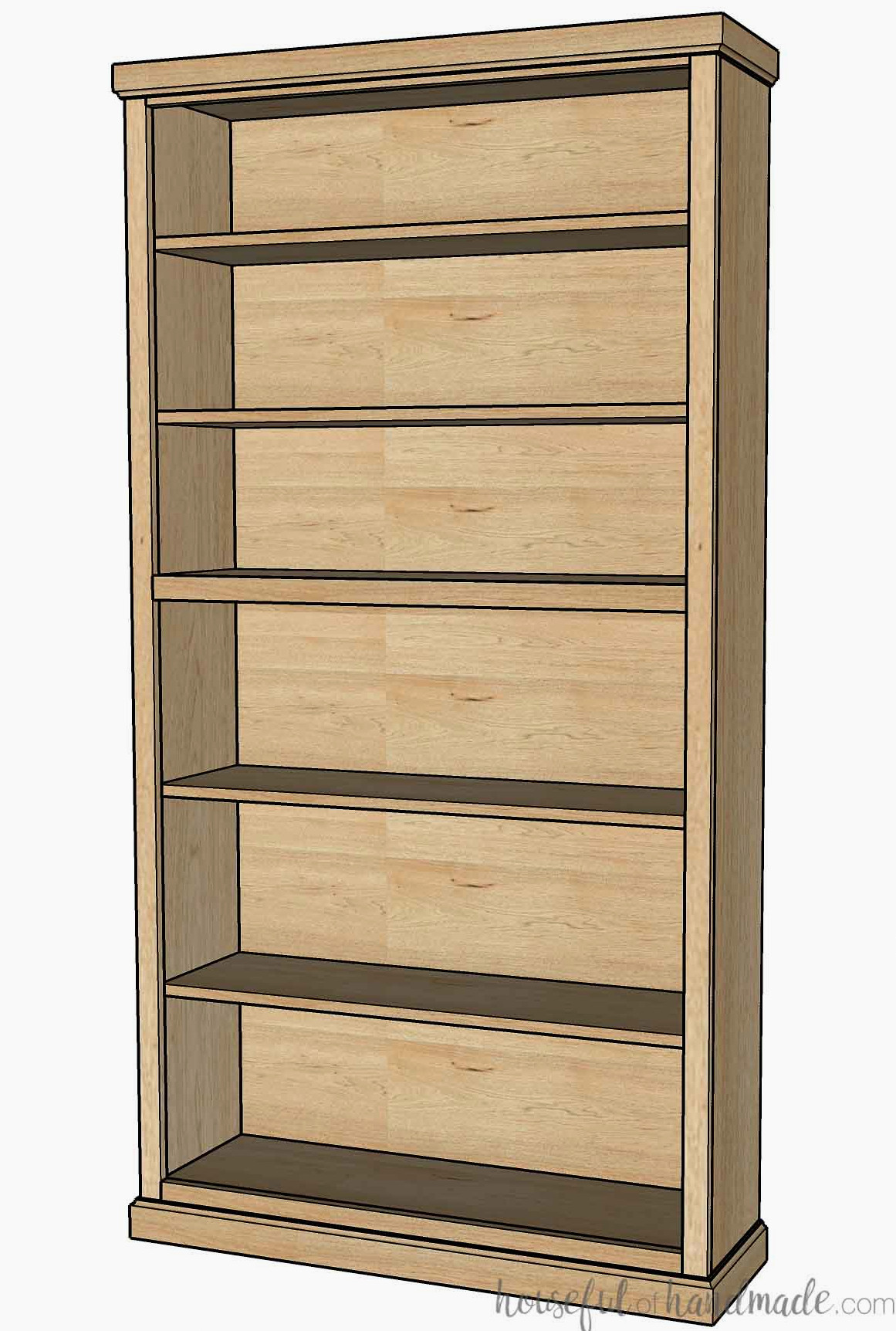 3D construction illustration of a tall bookcase featuring a face frame and adjustable shelves. 